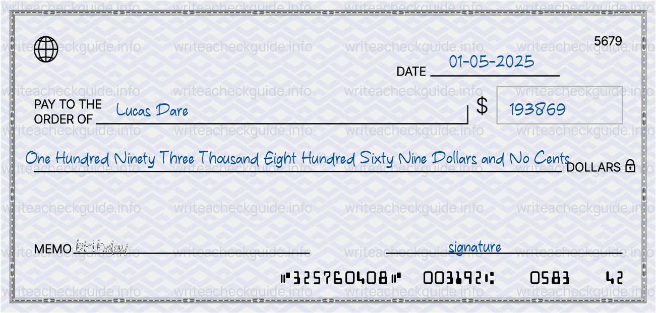 Filled check for 193869 dollars payable to Lucas Dare on 01-05-2025