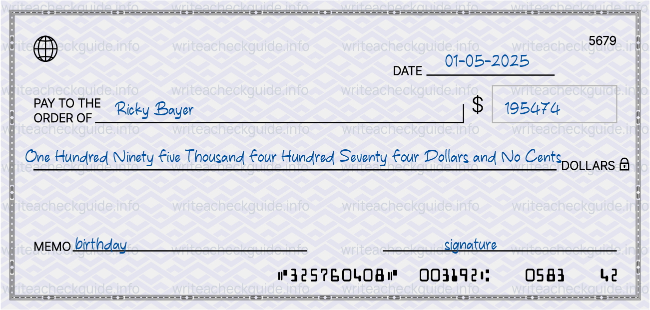 Filled check for 195474 dollars payable to Ricky Bayer on 01-05-2025