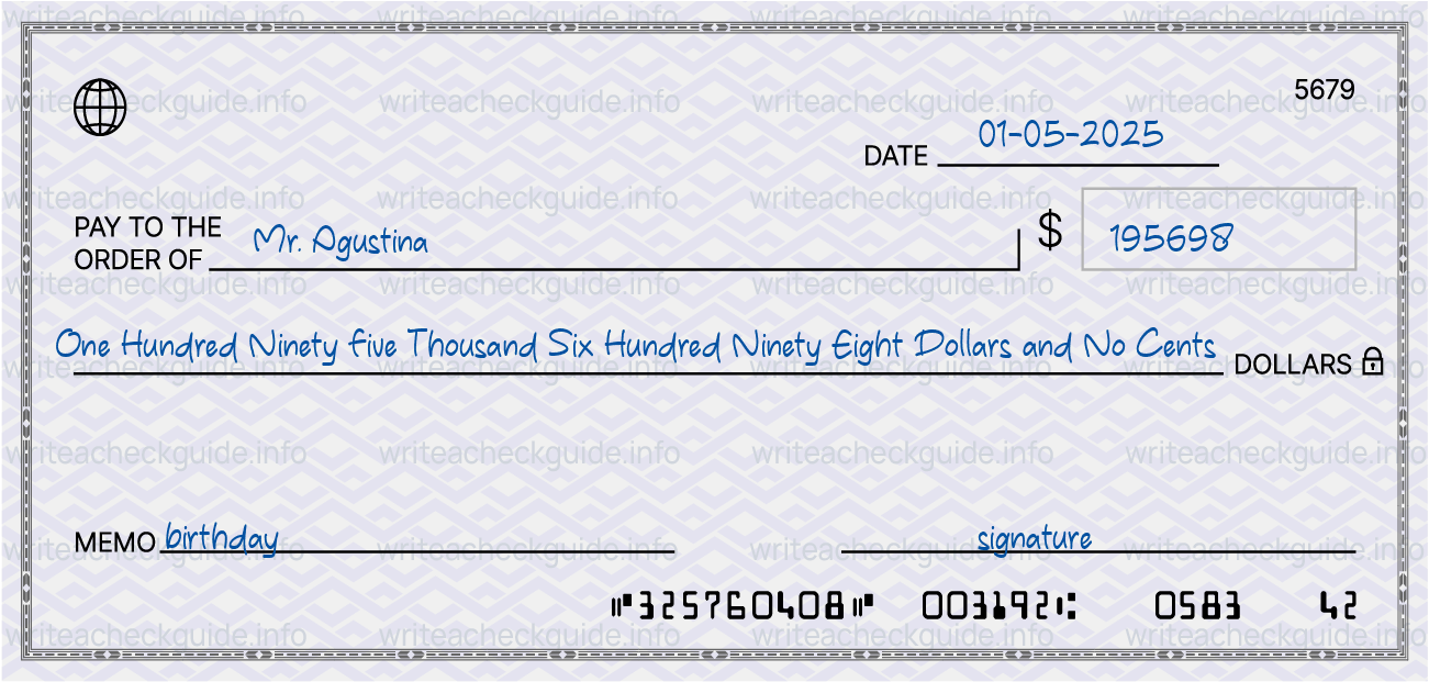 Filled check for 195698 dollars payable to Mr. Agustina on 01-05-2025