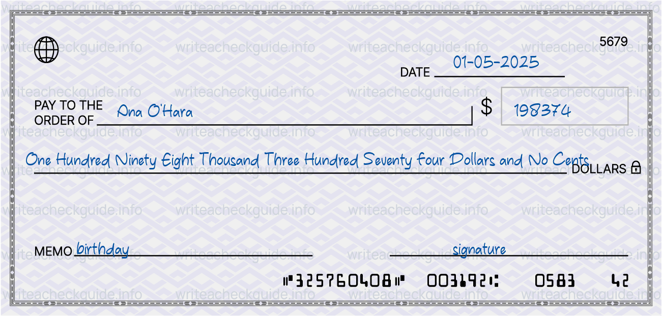 Filled check for 198374 dollars payable to Ana O'Hara on 01-05-2025