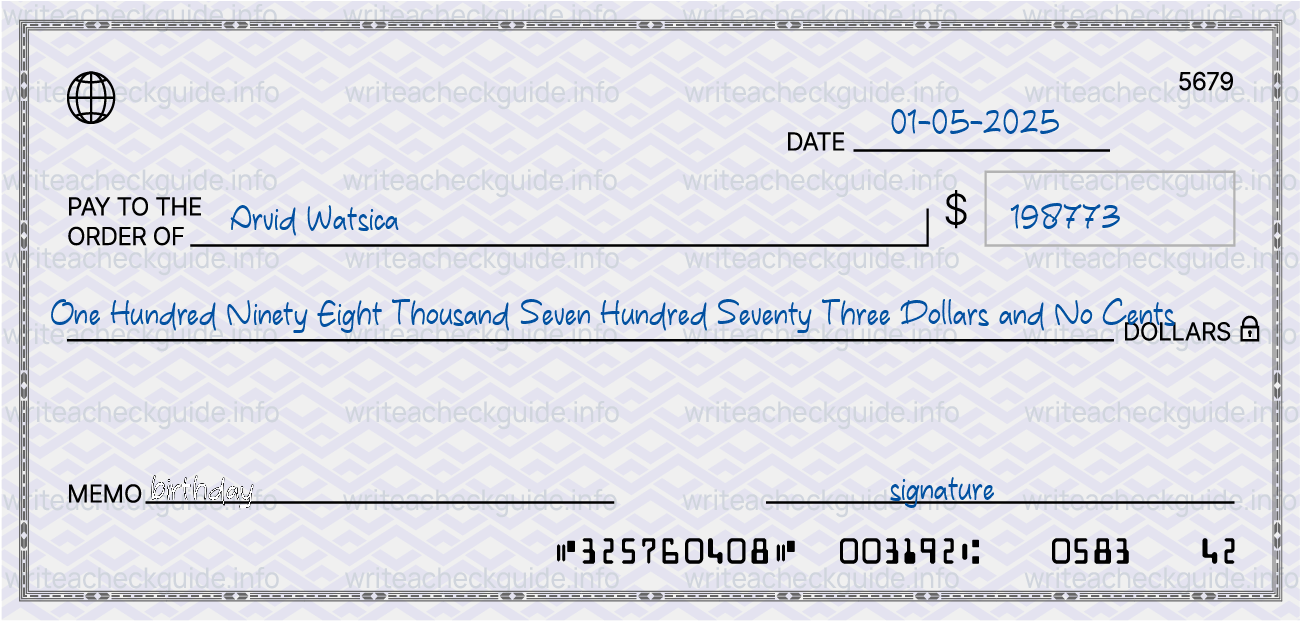 Filled check for 198773 dollars payable to Arvid Watsica on 01-05-2025