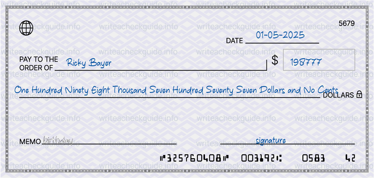 Filled check for 198777 dollars payable to Ricky Bayer on 01-05-2025