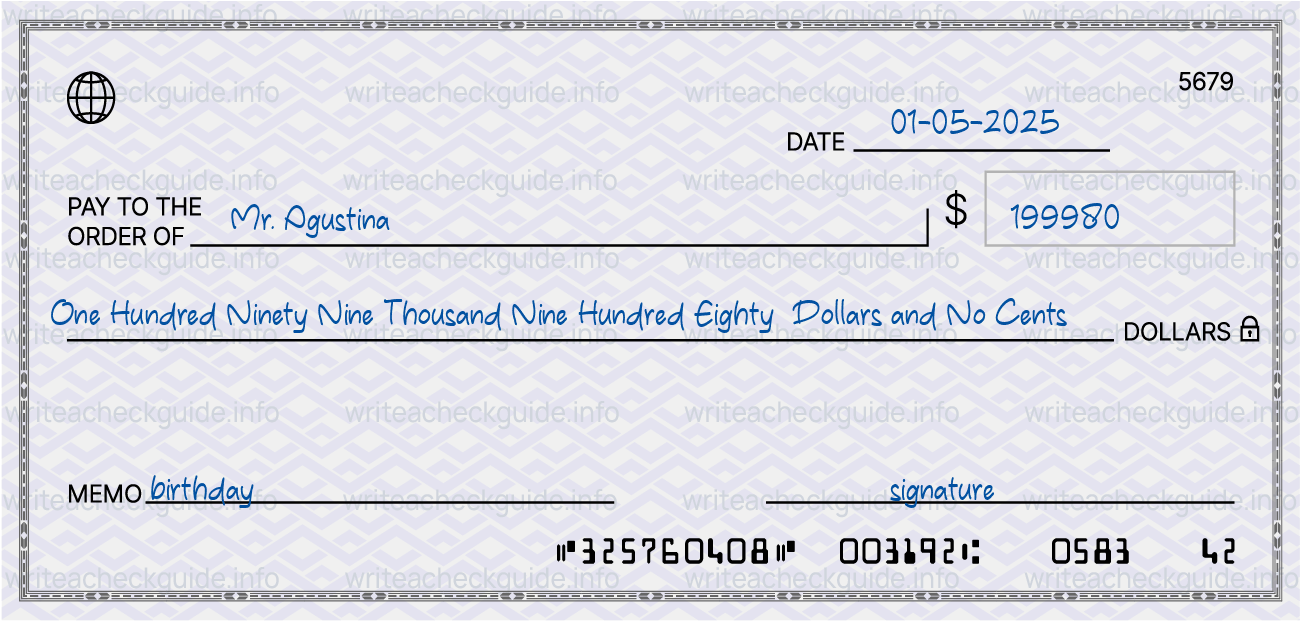 Filled check for 199980 dollars payable to Mr. Agustina on 01-05-2025