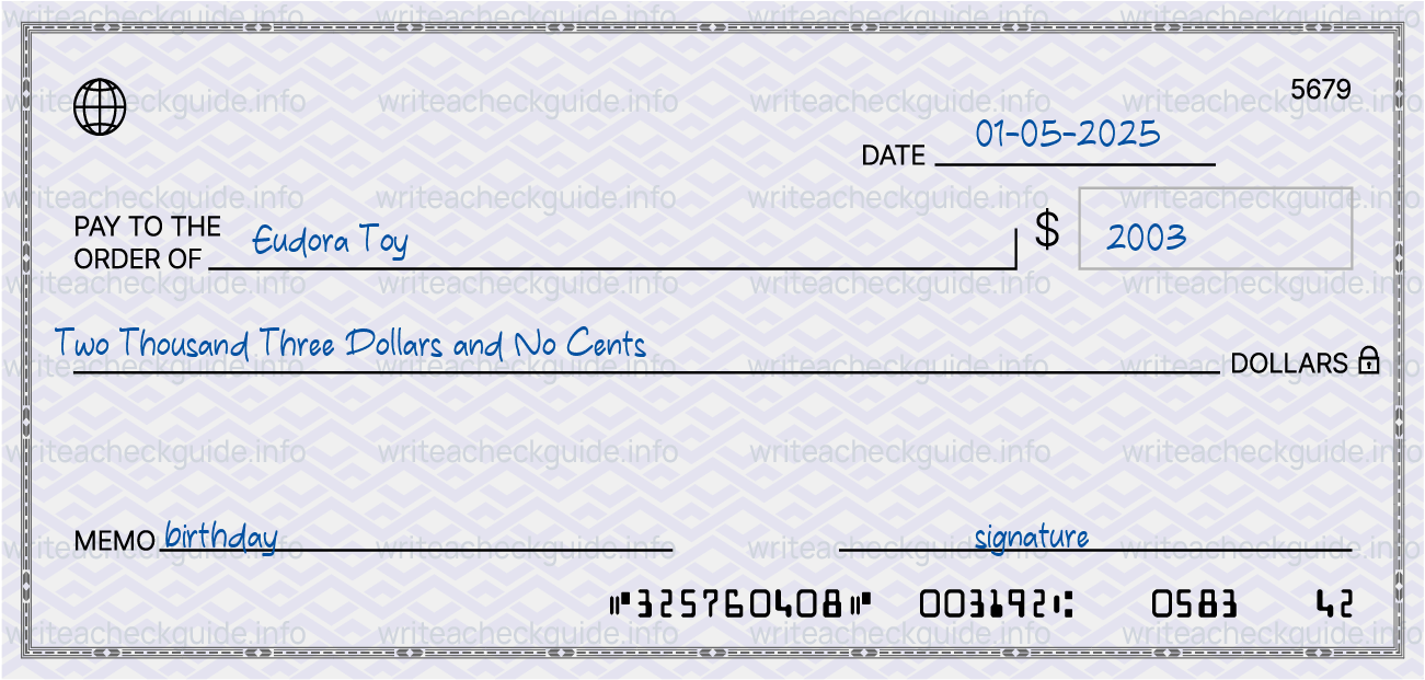 Filled check for 2003 dollars payable to Eudora Toy on 01-05-2025