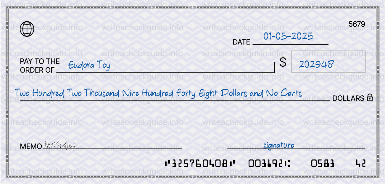 Filled check for 202948 dollars payable to Eudora Toy on 01-05-2025