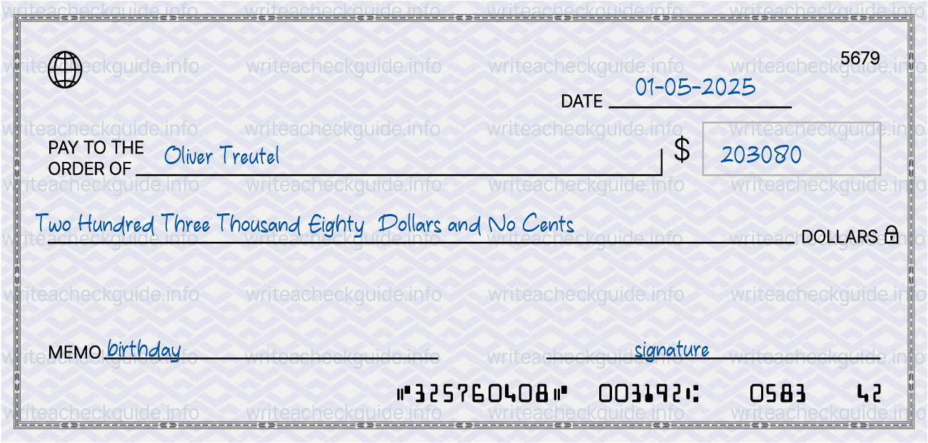 Filled check for 203080 dollars payable to Oliver Treutel on 01-05-2025