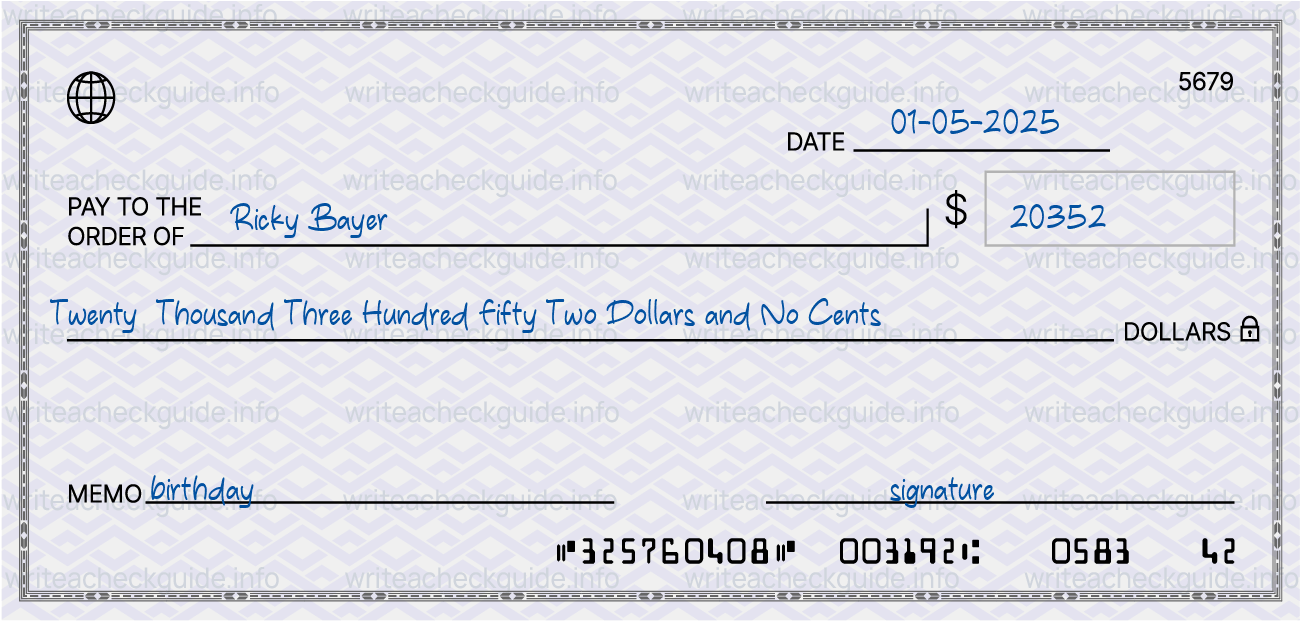 Filled check for 20352 dollars payable to Ricky Bayer on 01-05-2025