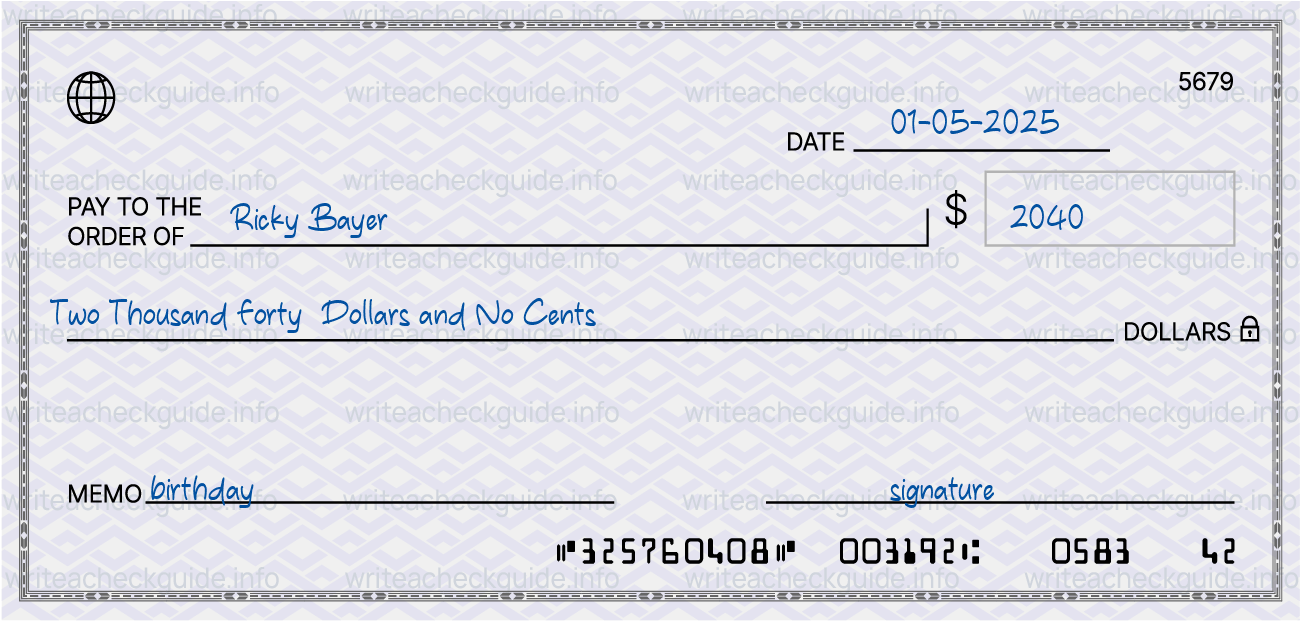 Filled check for 2040 dollars payable to Ricky Bayer on 01-05-2025