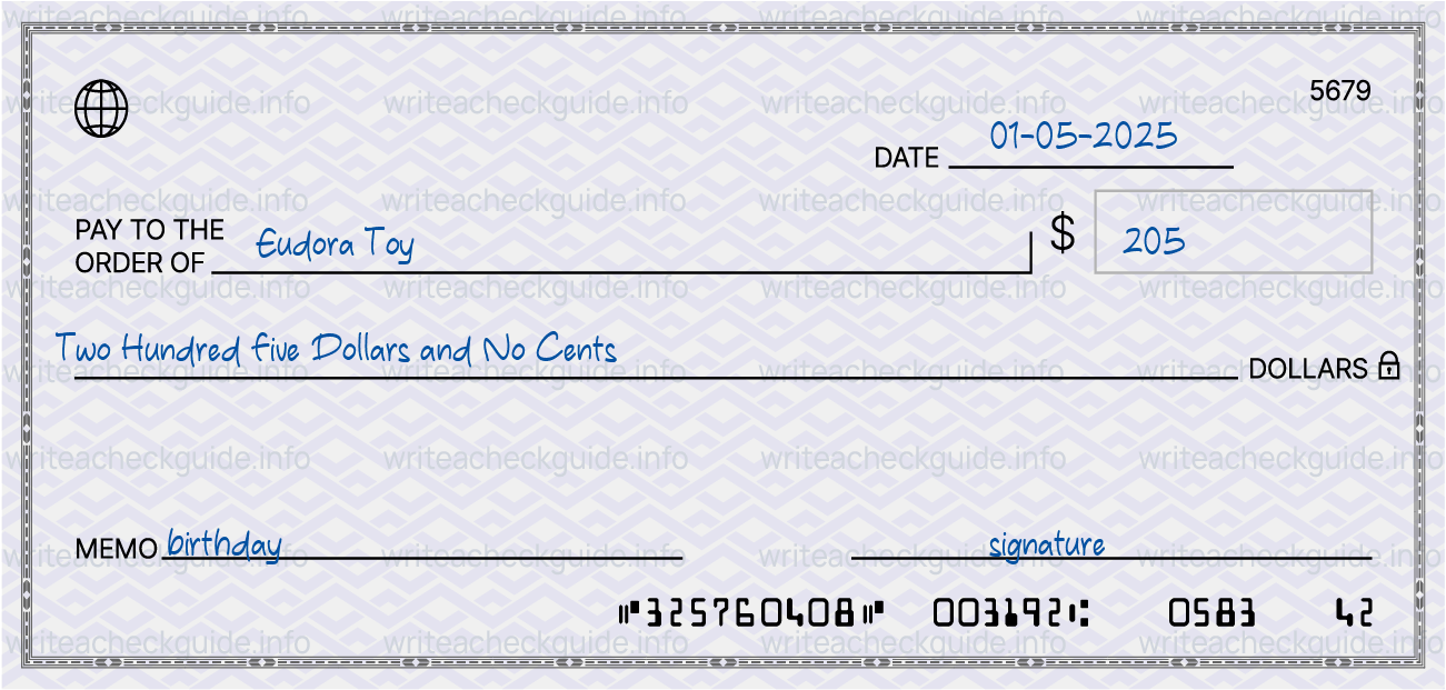 Filled check for 205 dollars payable to Eudora Toy on 01-05-2025