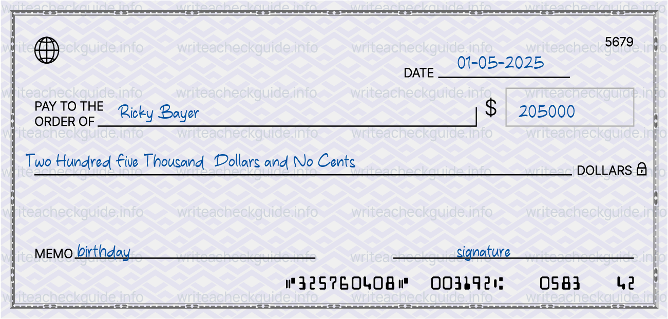 Filled check for 205000 dollars payable to Ricky Bayer on 01-05-2025