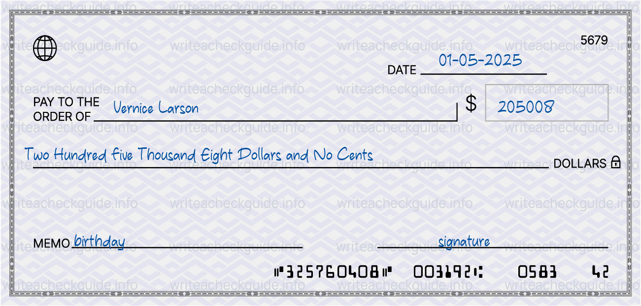 Filled check for 205008 dollars payable to Vernice Larson on 01-05-2025