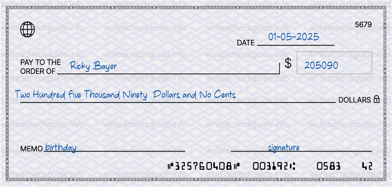 Filled check for 205090 dollars payable to Ricky Bayer on 01-05-2025