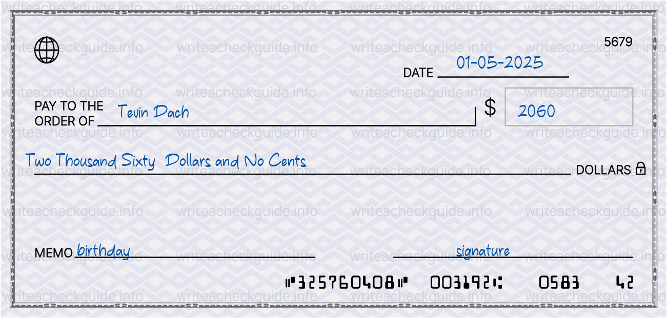 Filled check for 2060 dollars payable to Tevin Dach on 01-05-2025