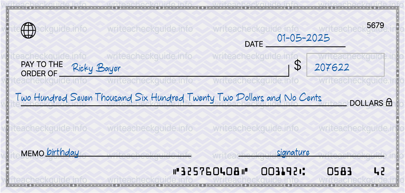 Filled check for 207622 dollars payable to Ricky Bayer on 01-05-2025