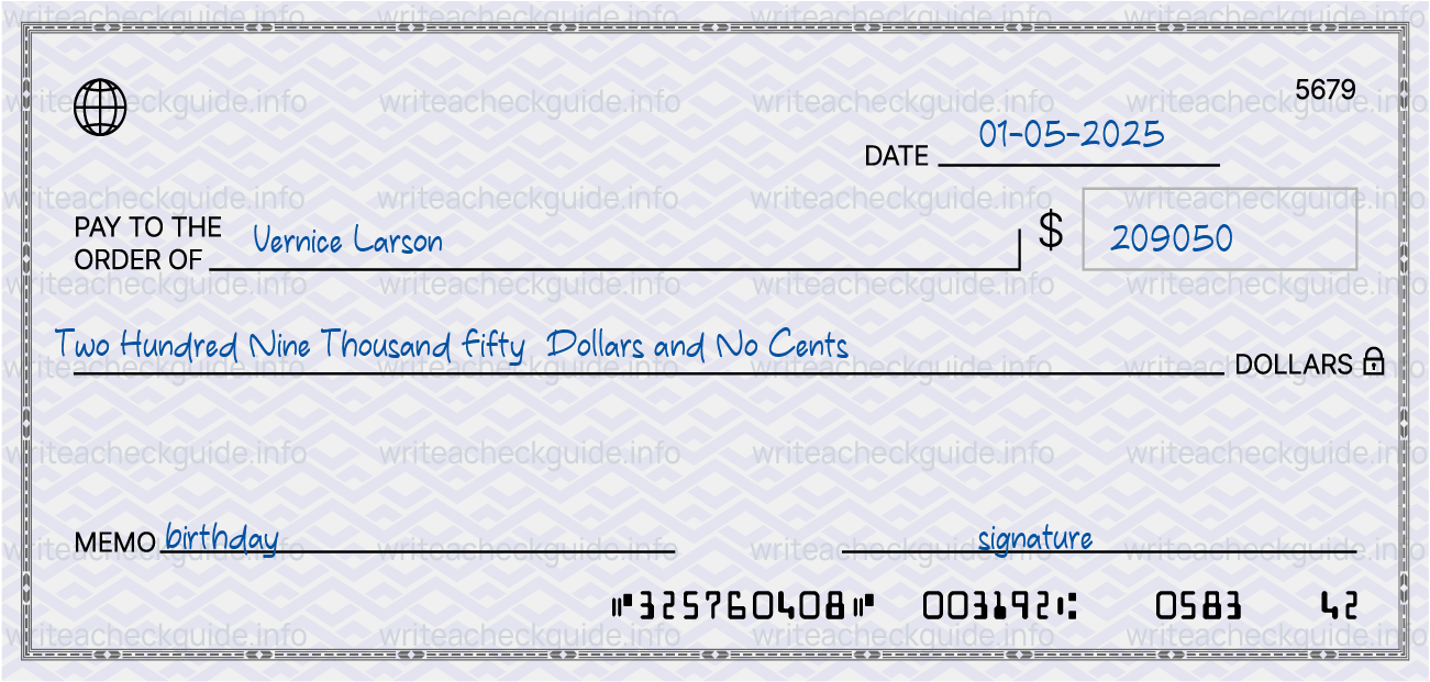 Filled check for 209050 dollars payable to Vernice Larson on 01-05-2025