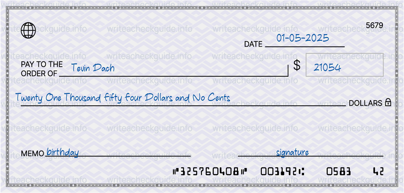 Filled check for 21054 dollars payable to Tevin Dach on 01-05-2025