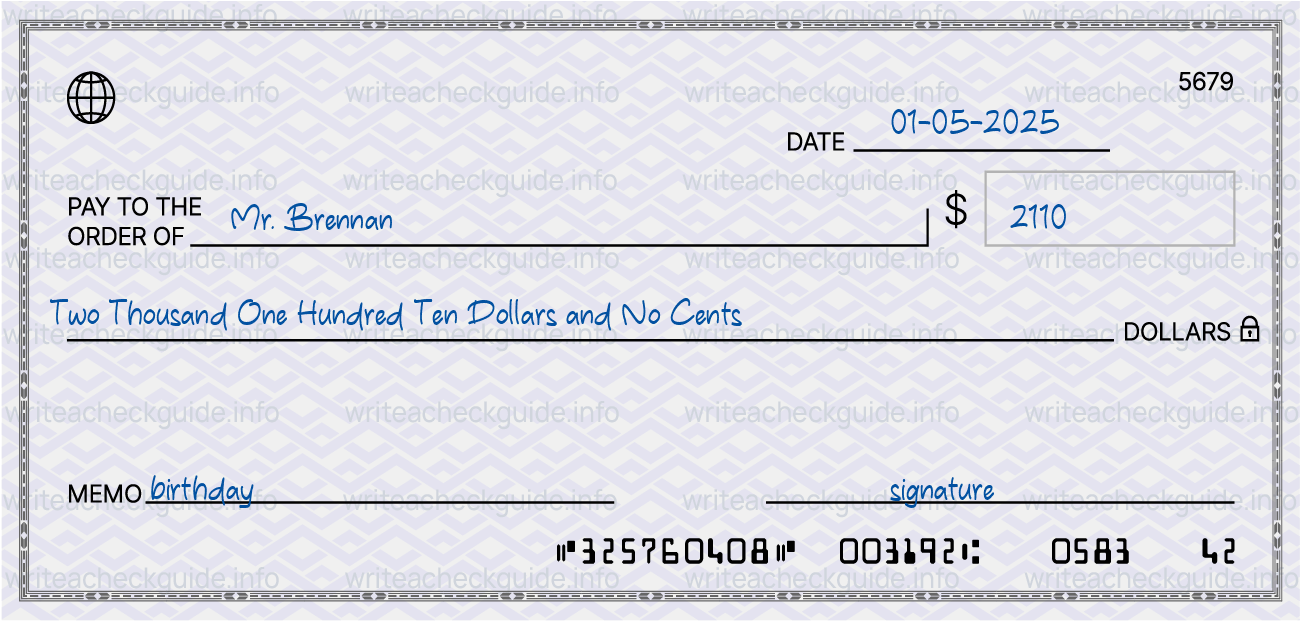 Filled check for 2110 dollars payable to Mr. Brennan on 01-05-2025