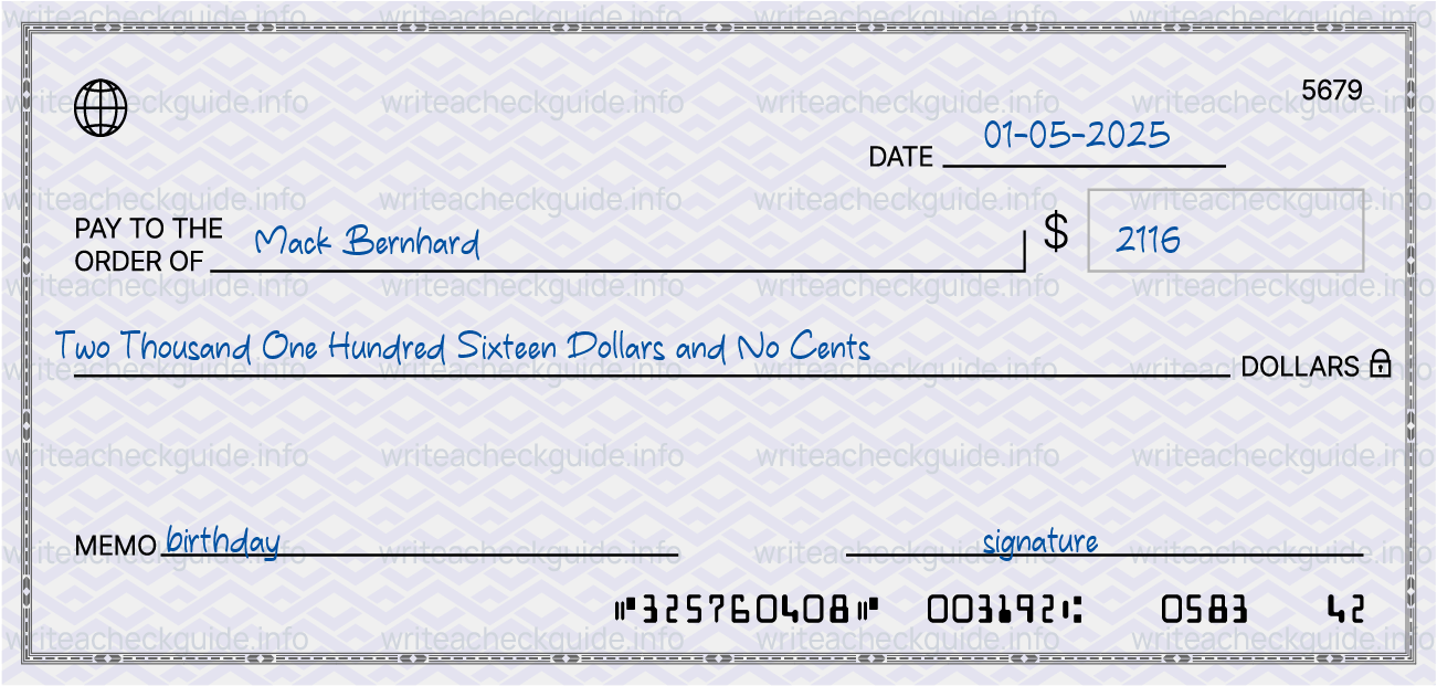 Filled check for 2116 dollars payable to Mack Bernhard on 01-05-2025