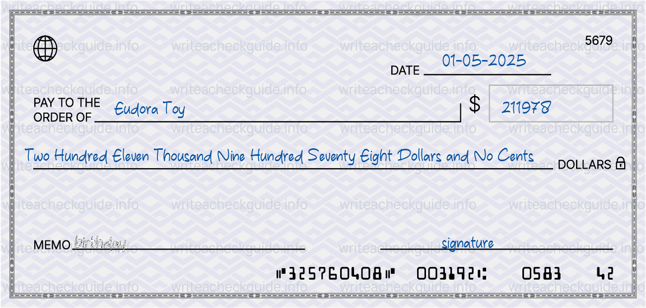 Filled check for 211978 dollars payable to Eudora Toy on 01-05-2025