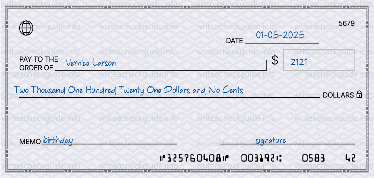 Filled check for 2121 dollars payable to Vernice Larson on 01-05-2025