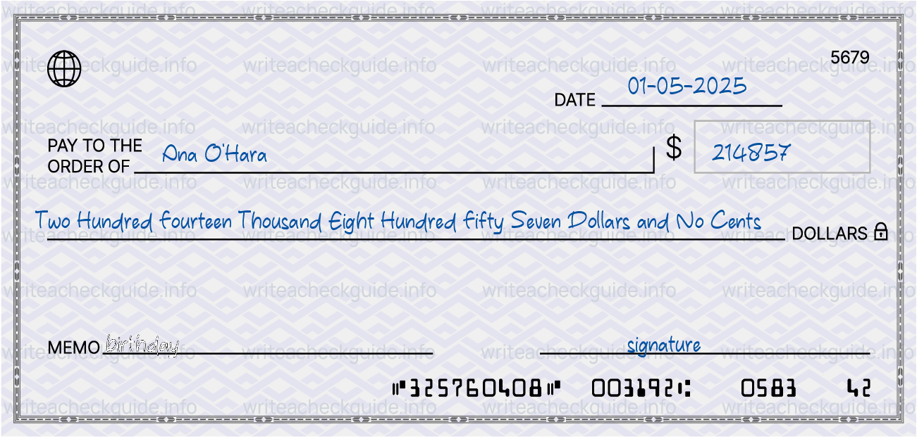 Filled check for 214857 dollars payable to Ana O'Hara on 01-05-2025