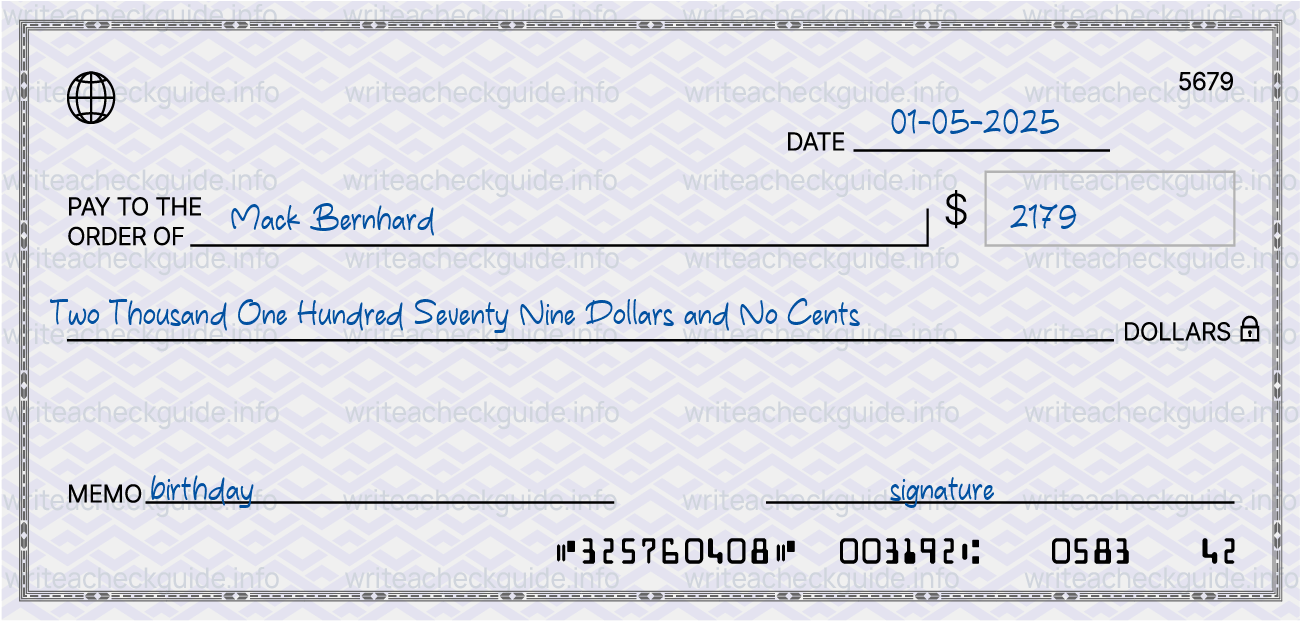 Filled check for 2179 dollars payable to Mack Bernhard on 01-05-2025