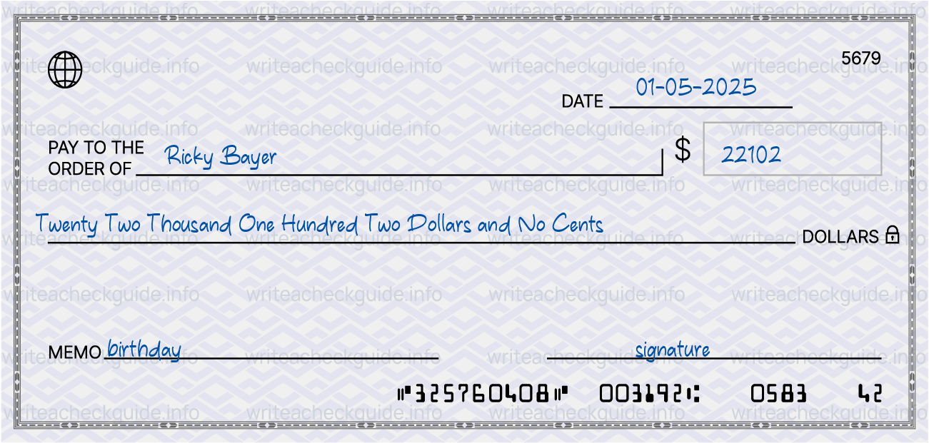 Filled check for 22102 dollars payable to Ricky Bayer on 01-05-2025