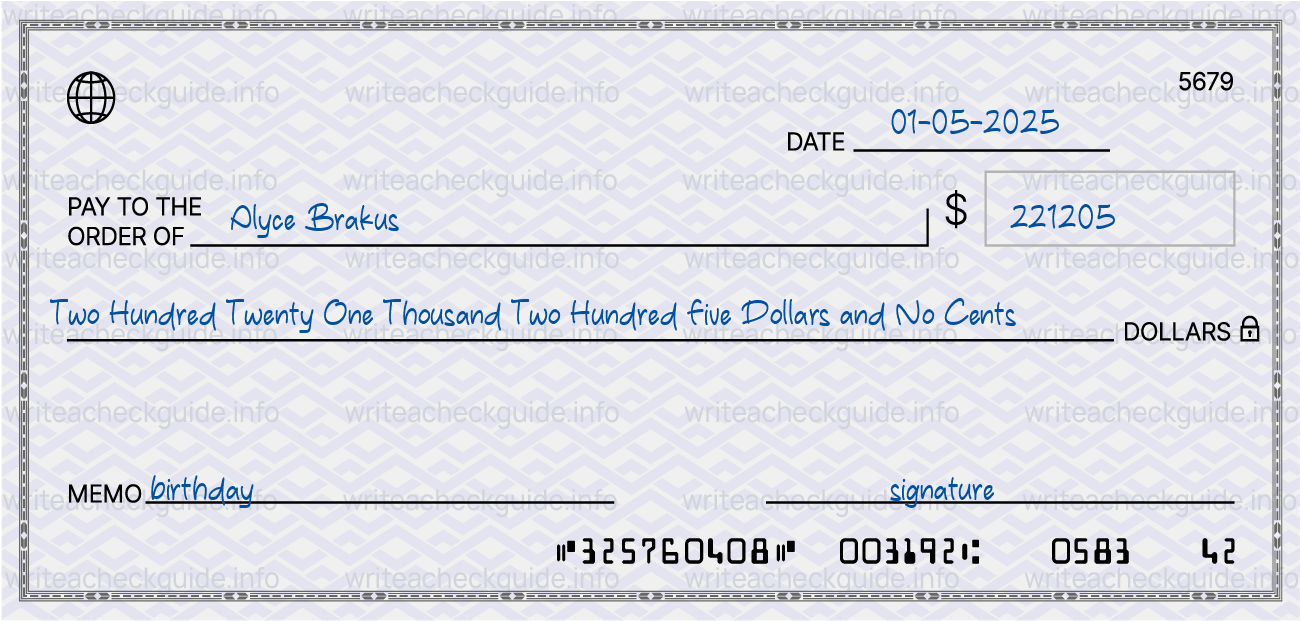 Filled check for 221205 dollars payable to Alyce Brakus on 01-05-2025