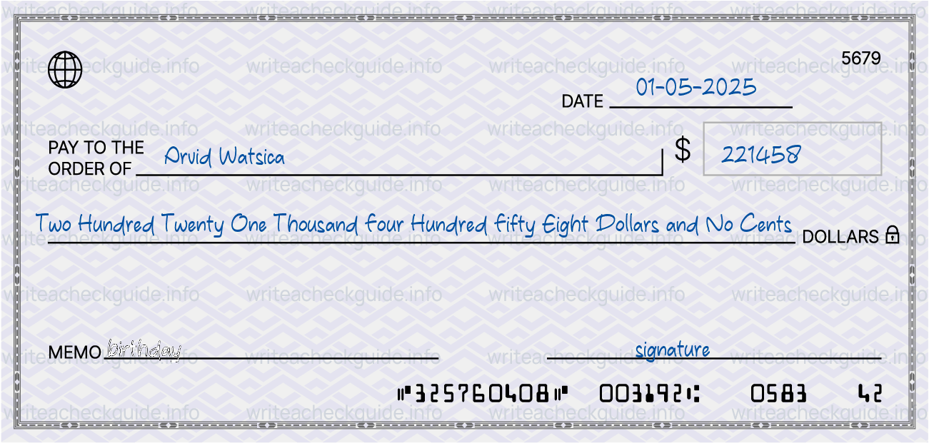 Filled check for 221458 dollars payable to Arvid Watsica on 01-05-2025