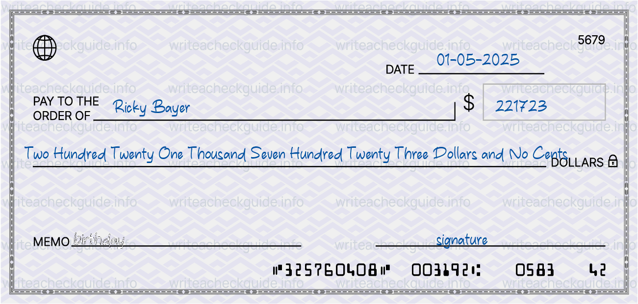 Filled check for 221723 dollars payable to Ricky Bayer on 01-05-2025