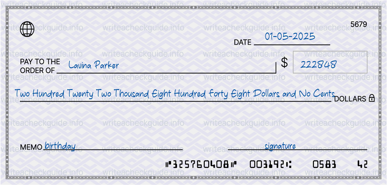 Filled check for 222848 dollars payable to Lavina Parker on 01-05-2025