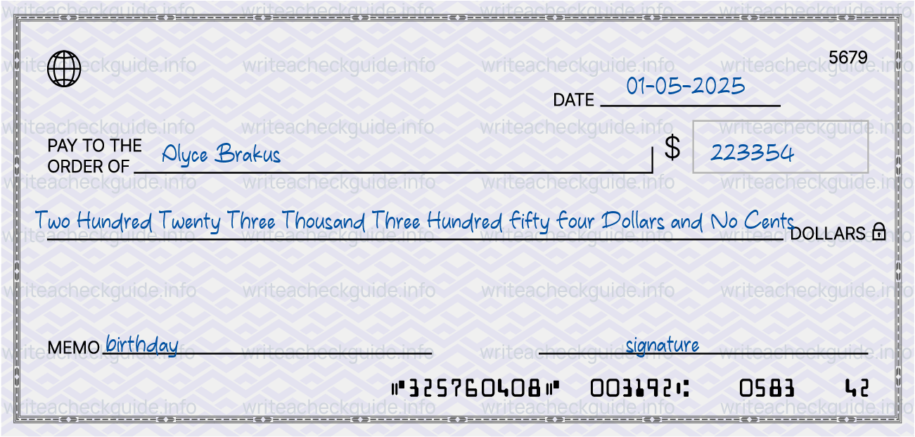 Filled check for 223354 dollars payable to Alyce Brakus on 01-05-2025