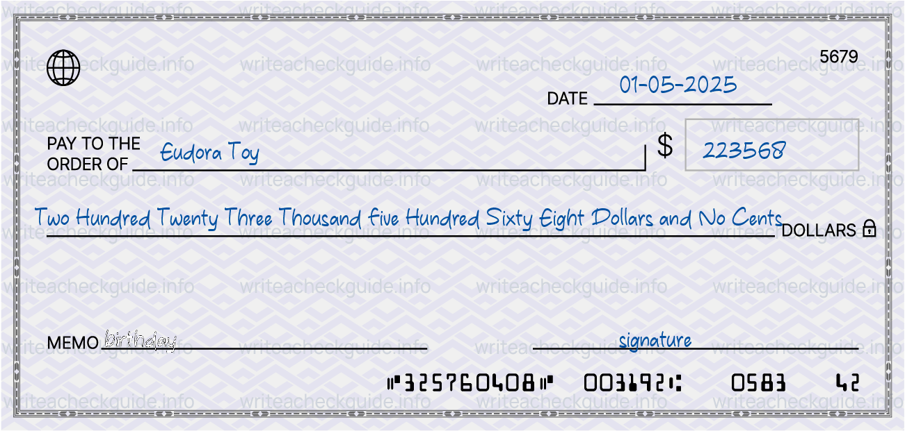 Filled check for 223568 dollars payable to Eudora Toy on 01-05-2025