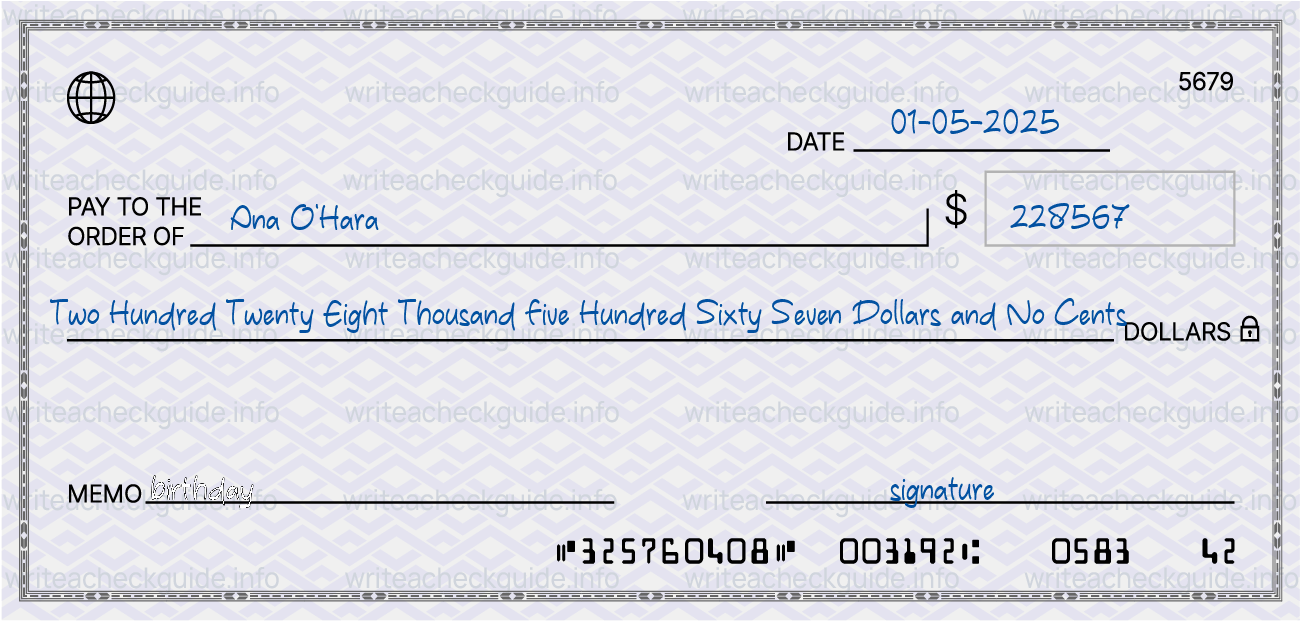 Filled check for 228567 dollars payable to Ana O'Hara on 01-05-2025