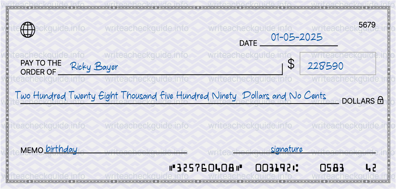 Filled check for 228590 dollars payable to Ricky Bayer on 01-05-2025