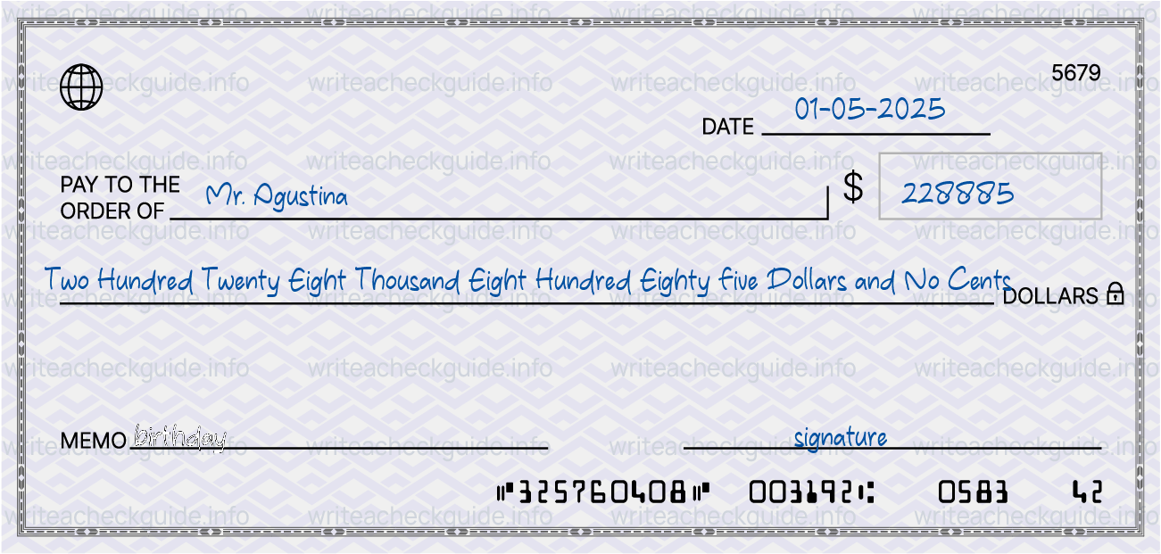 Filled check for 228885 dollars payable to Mr. Agustina on 01-05-2025