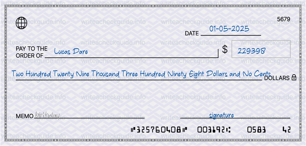 Filled check for 229398 dollars payable to Lucas Dare on 01-05-2025