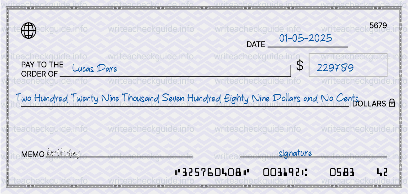 Filled check for 229789 dollars payable to Lucas Dare on 01-05-2025