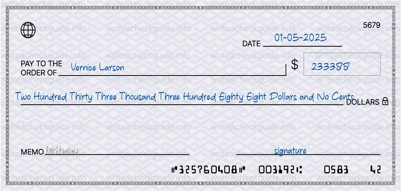 Filled check for 233388 dollars payable to Vernice Larson on 01-05-2025