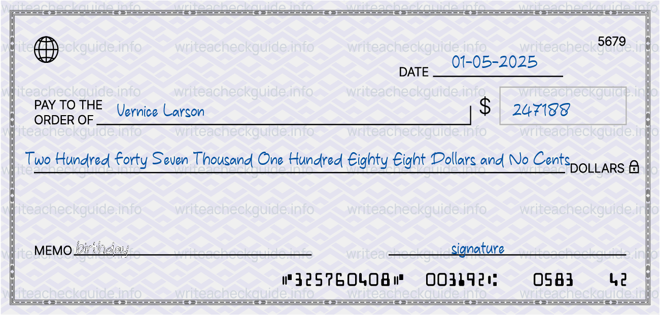 Filled check for 247188 dollars payable to Vernice Larson on 01-05-2025