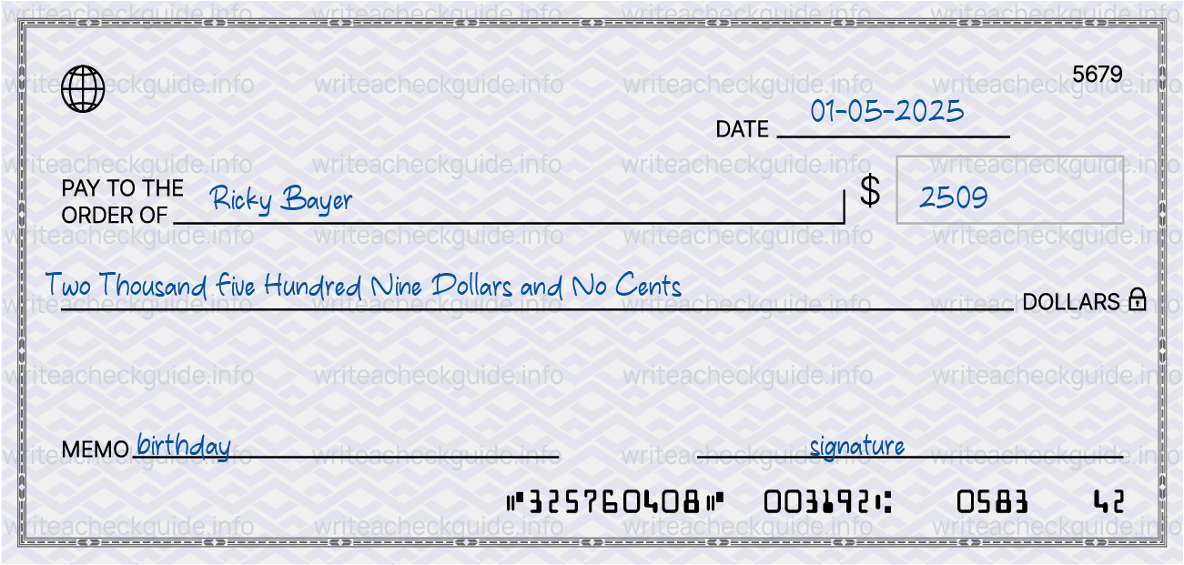 Filled check for 2509 dollars payable to Ricky Bayer on 01-05-2025