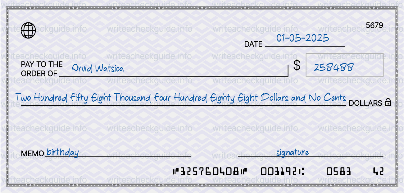 Filled check for 258488 dollars payable to Arvid Watsica on 01-05-2025