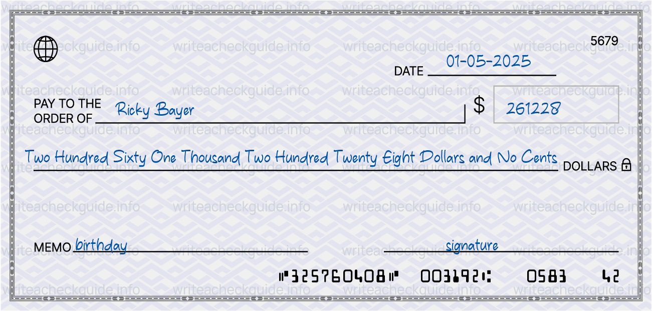 Filled check for 261228 dollars payable to Ricky Bayer on 01-05-2025