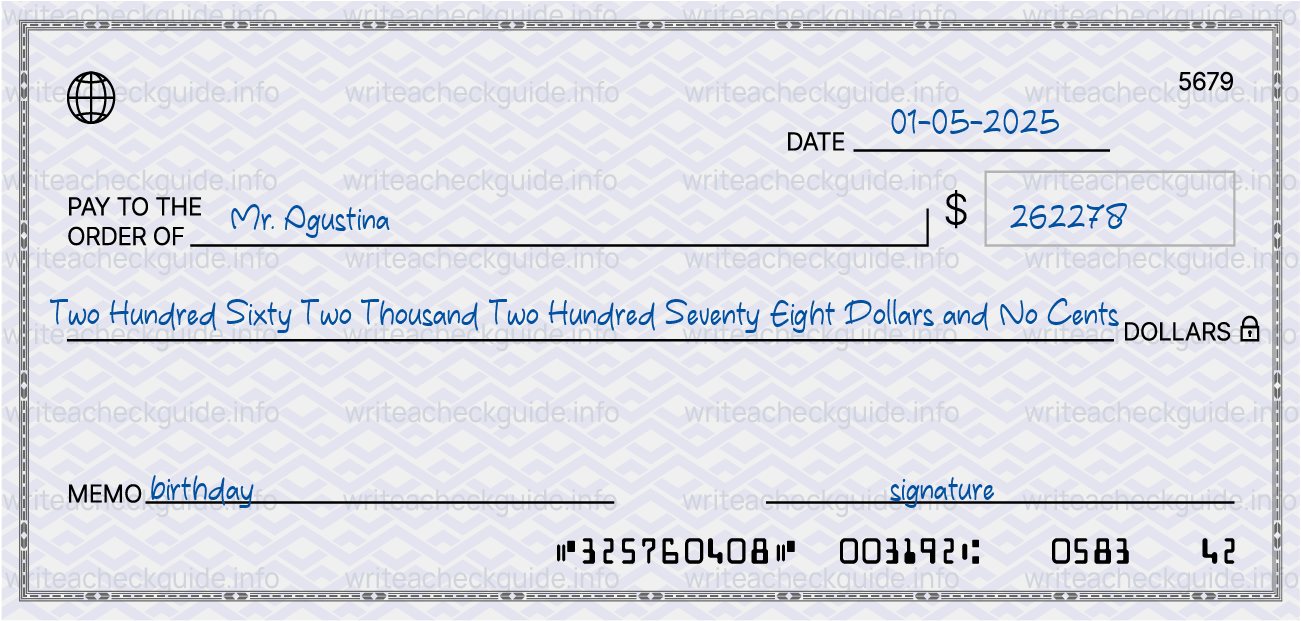 Filled check for 262278 dollars payable to Mr. Agustina on 01-05-2025