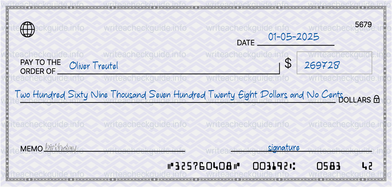 Filled check for 269728 dollars payable to Oliver Treutel on 01-05-2025