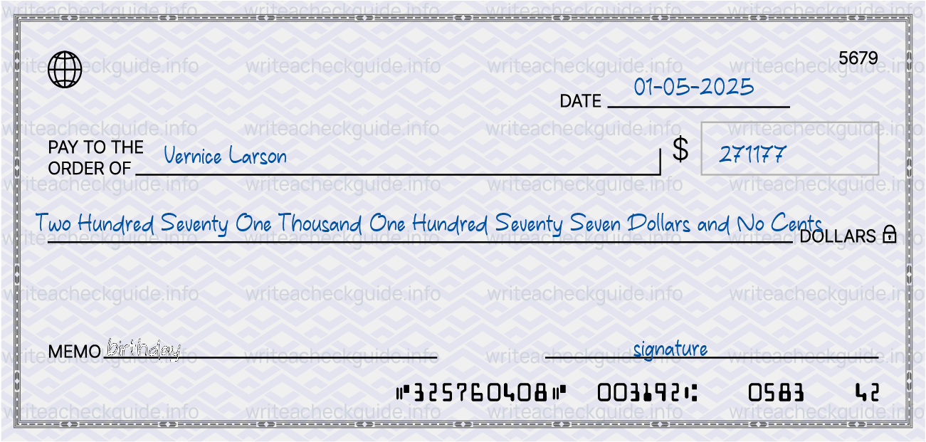 Filled check for 271177 dollars payable to Vernice Larson on 01-05-2025