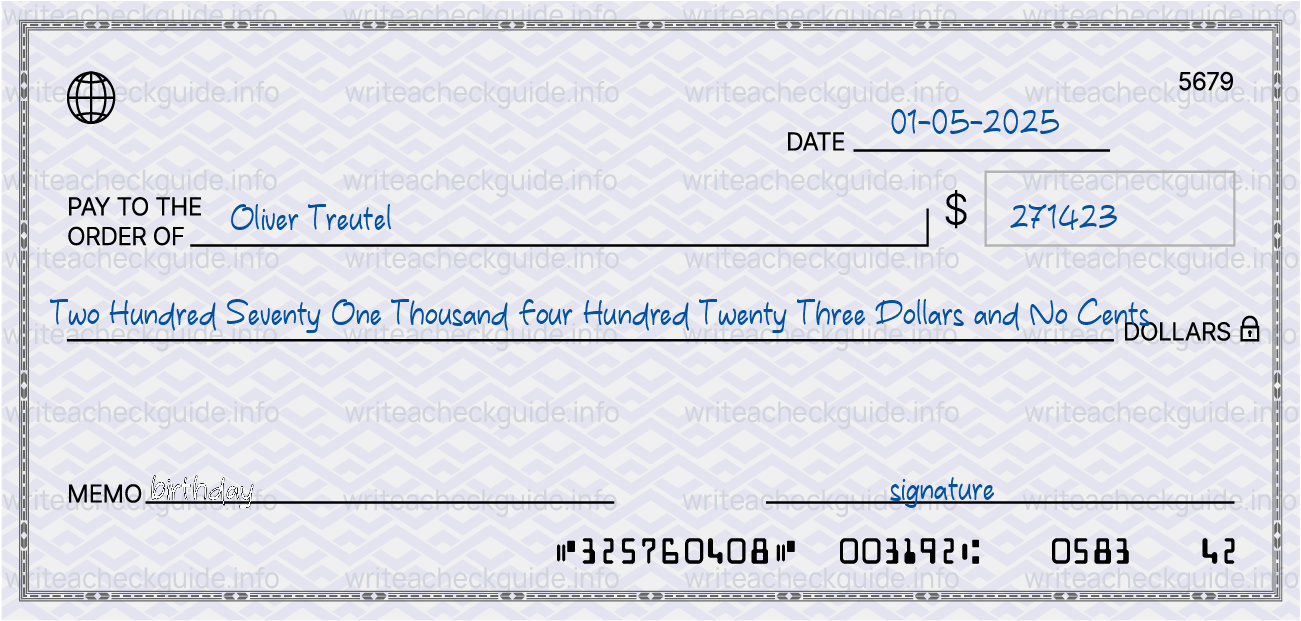 Filled check for 271423 dollars payable to Oliver Treutel on 01-05-2025