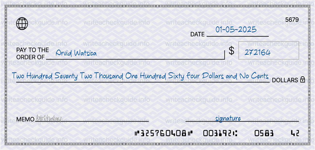 Filled check for 272164 dollars payable to Arvid Watsica on 01-05-2025