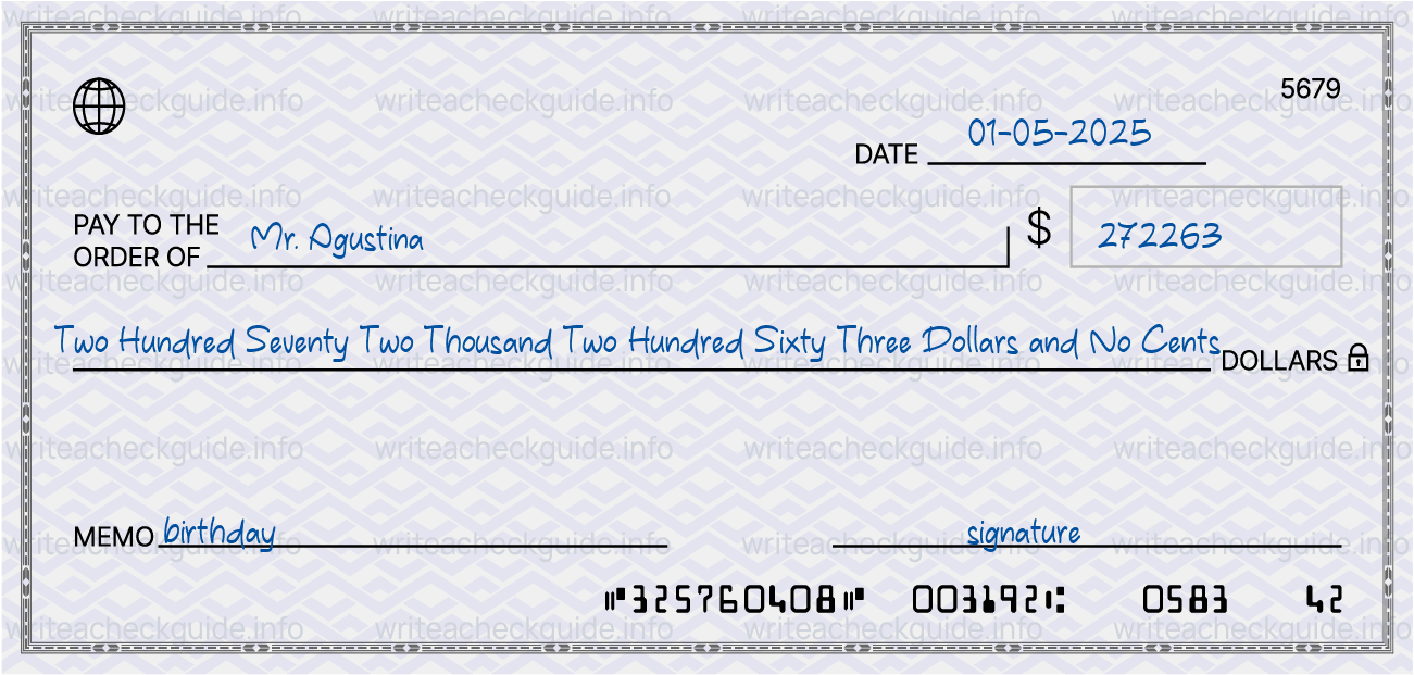 Filled check for 272263 dollars payable to Mr. Agustina on 01-05-2025