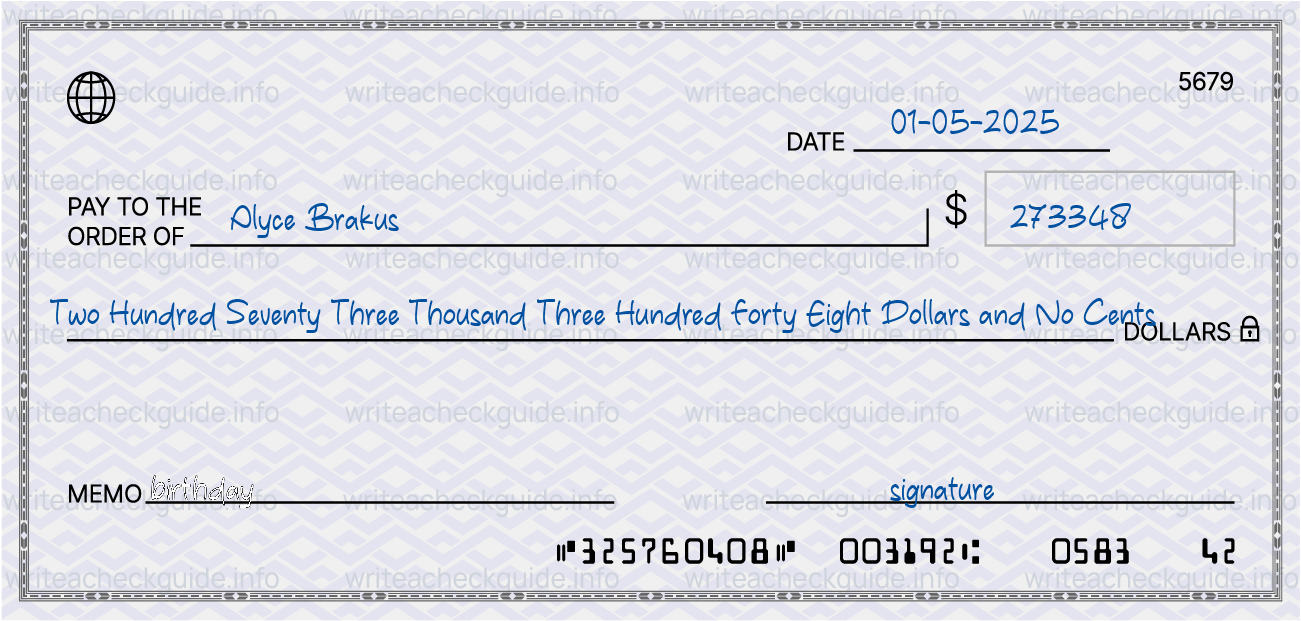 Filled check for 273348 dollars payable to Alyce Brakus on 01-05-2025